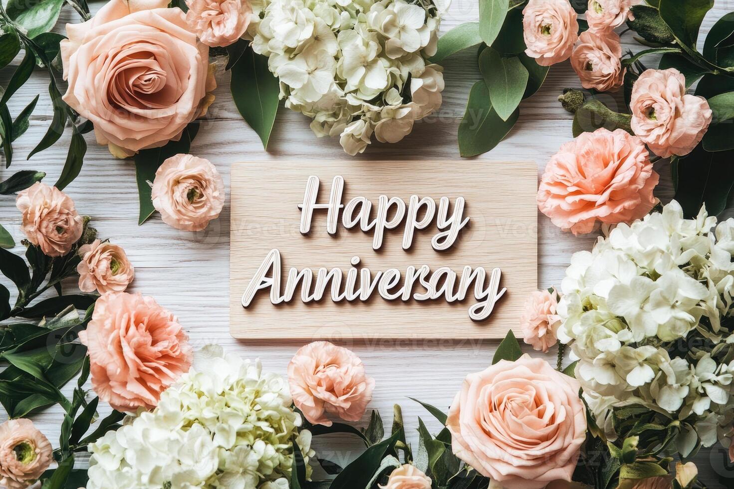Happy anniversary greeting surrounded by roses and hydrangeas on white wood photo