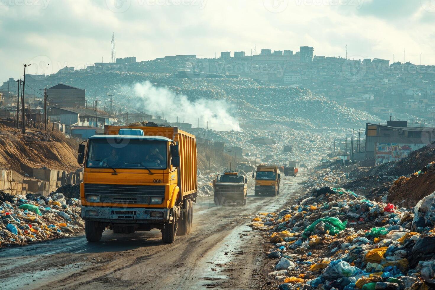 Garbage trucks driving through large landfill site photo