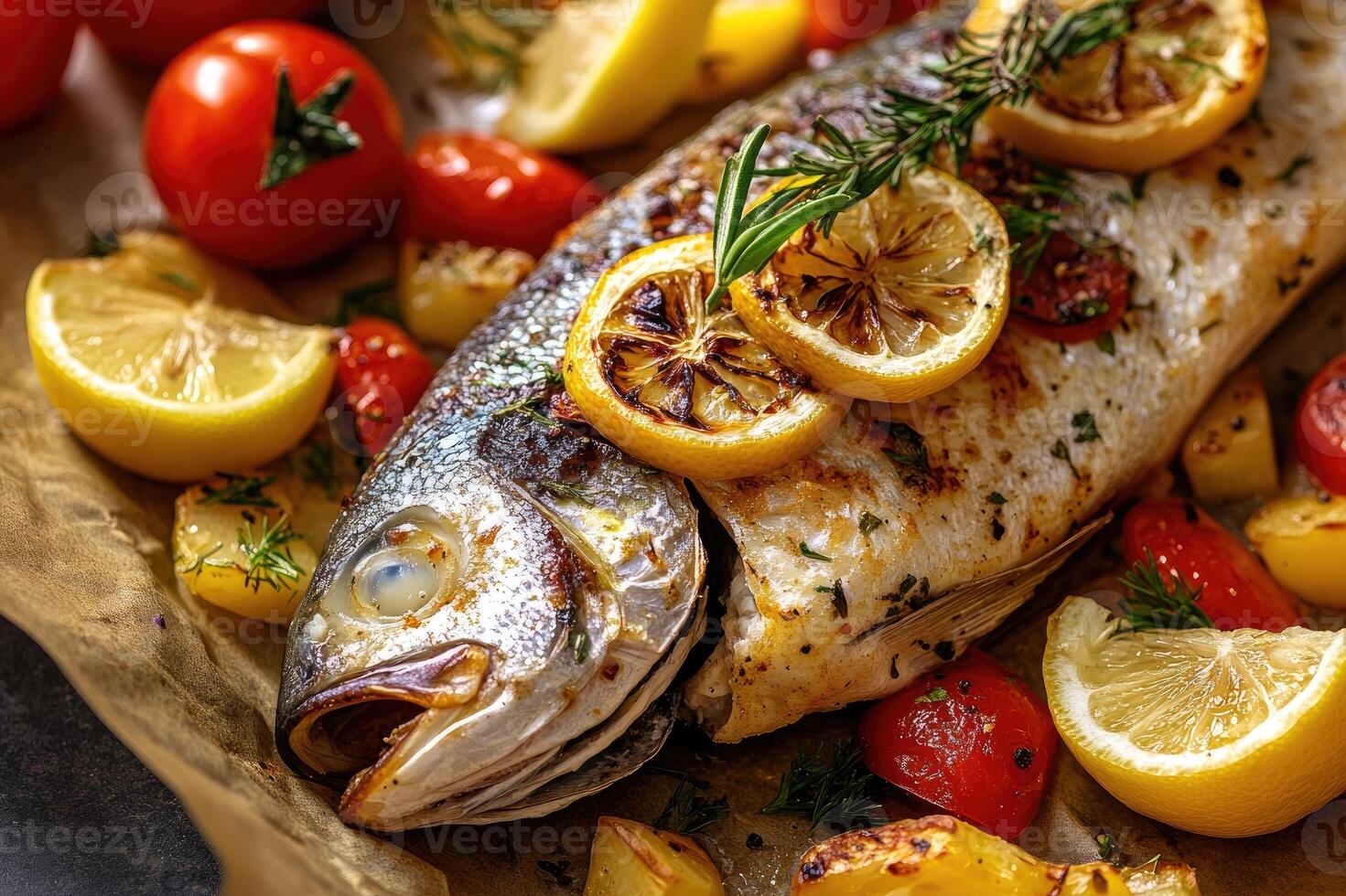Dorado fish lying on baking paper with vegetables is ready to eat photo