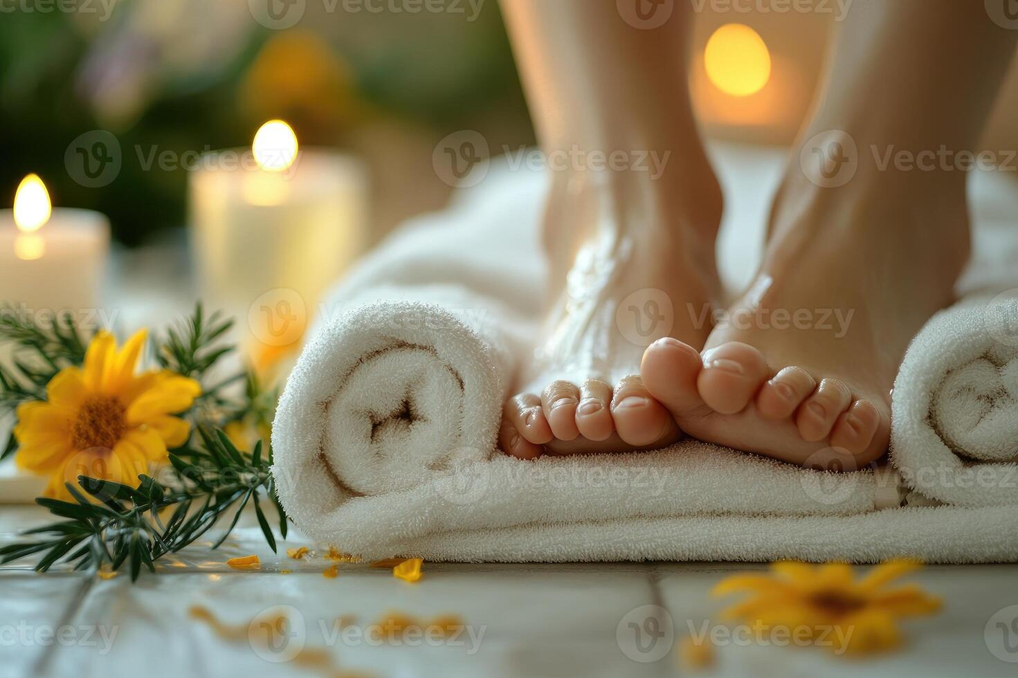 Woman enjoying a relaxing foot bath with candles and flowers photo