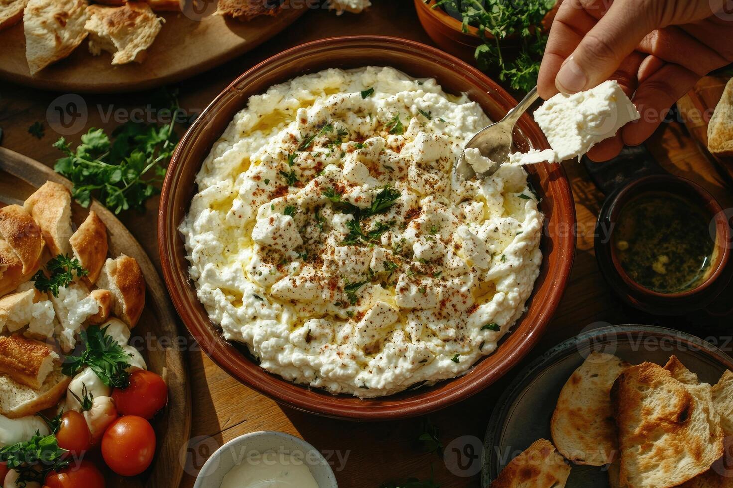 Person adding feta cheese to bowl of whipped feta dip surrounded by food photo