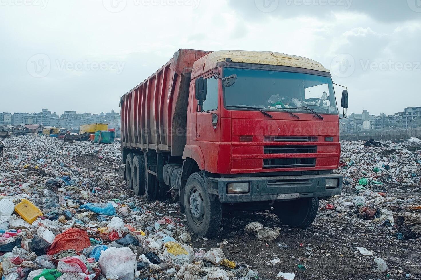 Red truck disposing of garbage in a landfill near the city photo