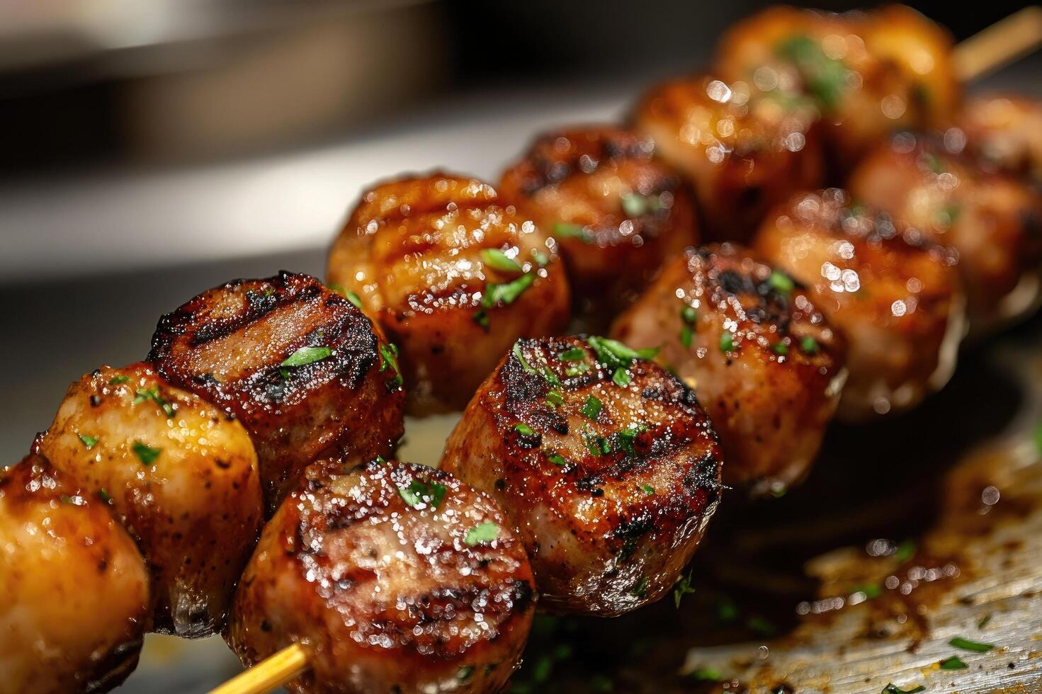 Grilled sausage and scallops skewer drizzled with herbs being prepared on griddle photo