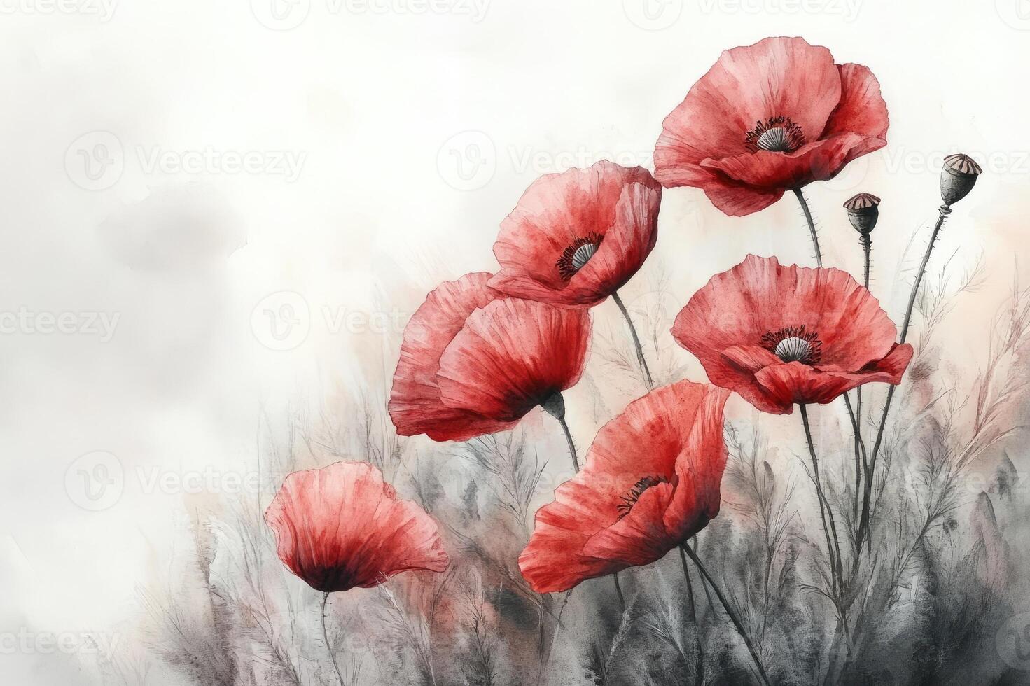 Watercolor painting showing a meadow with red poppy flowers blooming photo