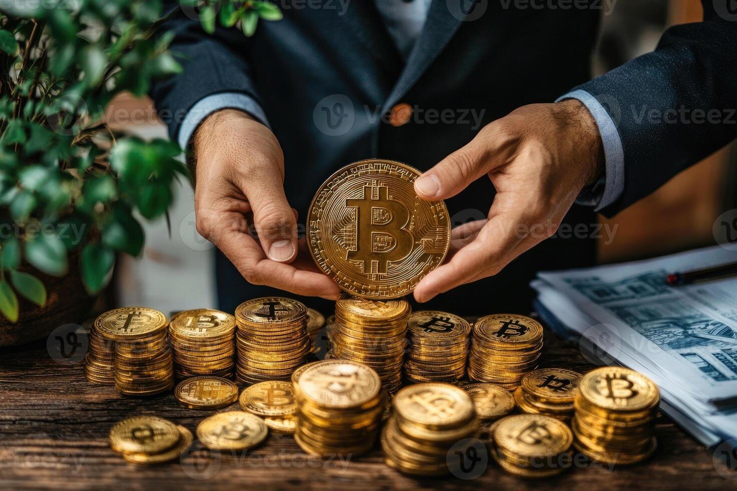 Businessman holding bitcoin over stack of bitcoins on desk photo