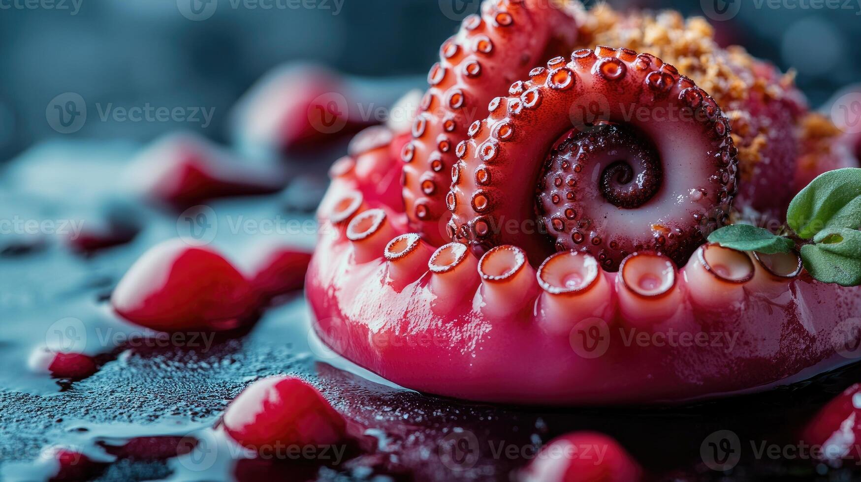 Octopus tentacle lying on a bed of puree with pomegranate seeds and herbs photo
