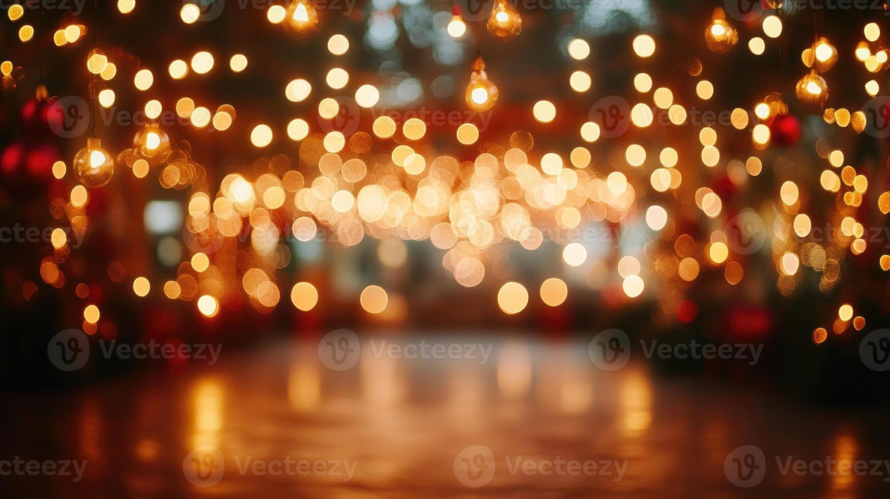 Christmas lights blurred background with empty brick pavement at night photo