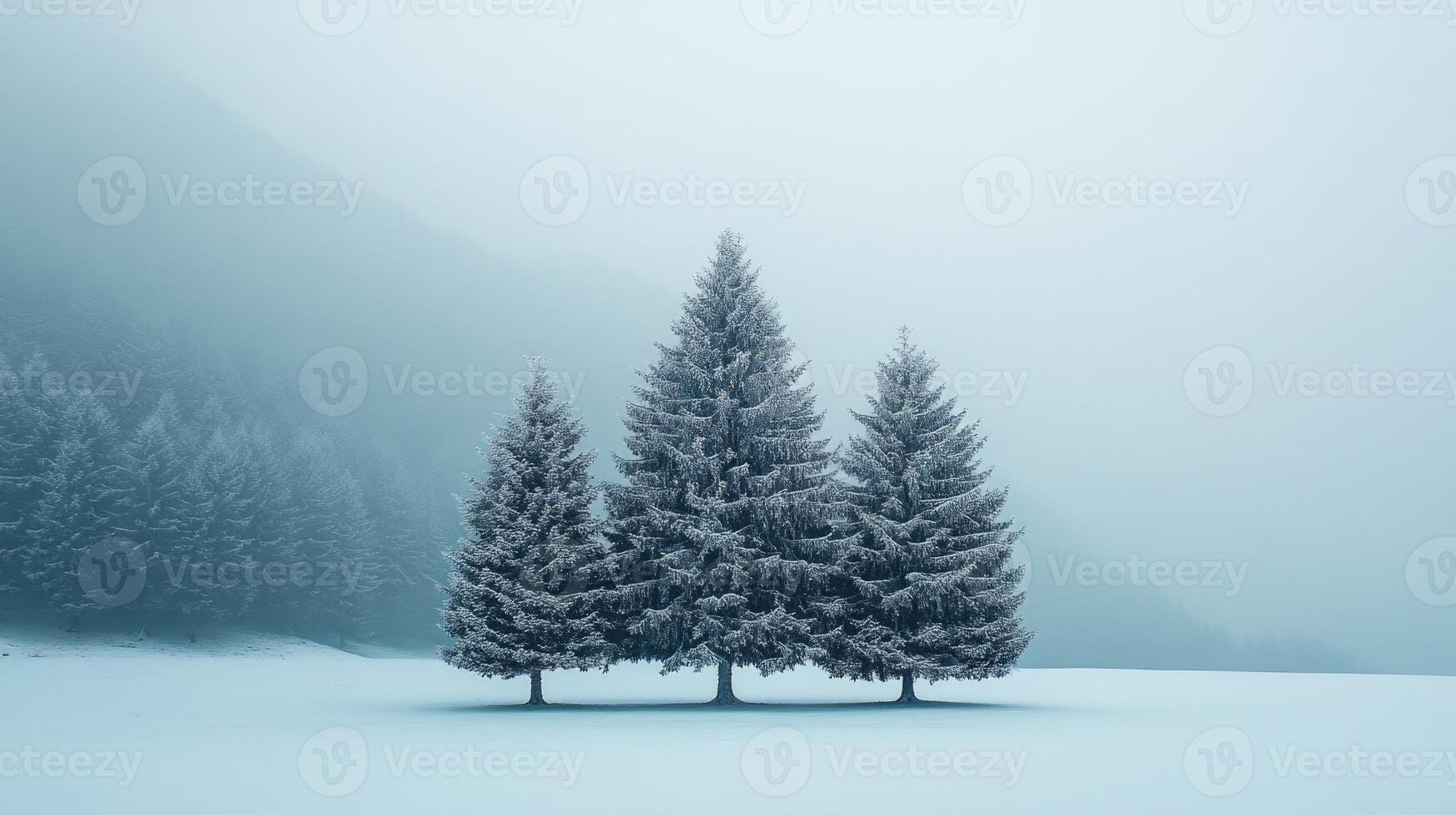 Three pine trees standing on snow covered field in winter photo