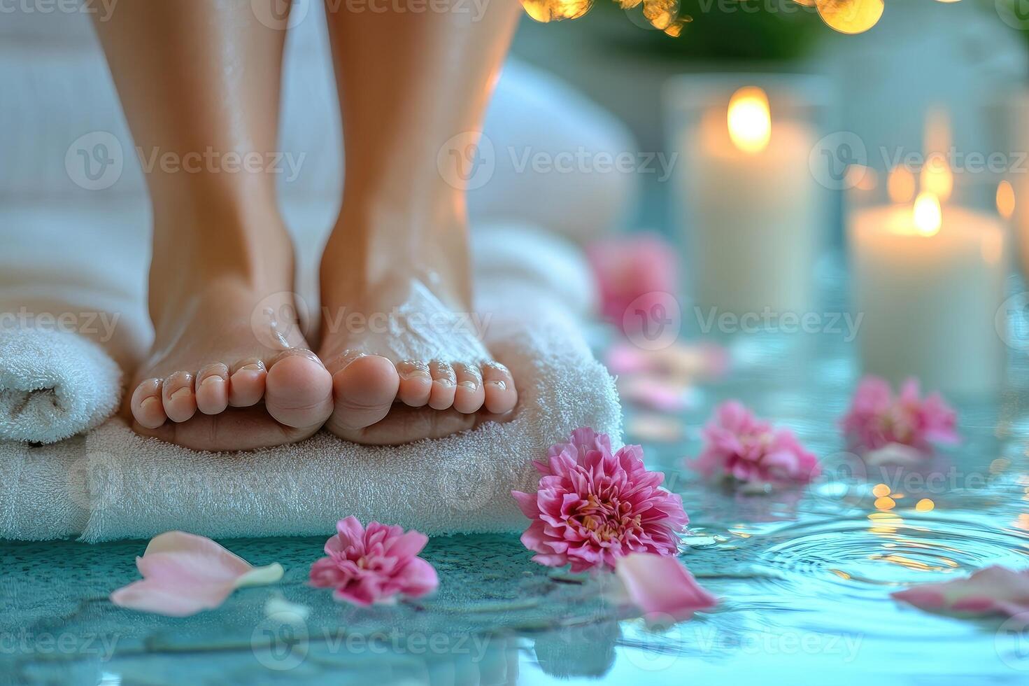 Woman standing on towels getting ready for a foot bath at the spa photo