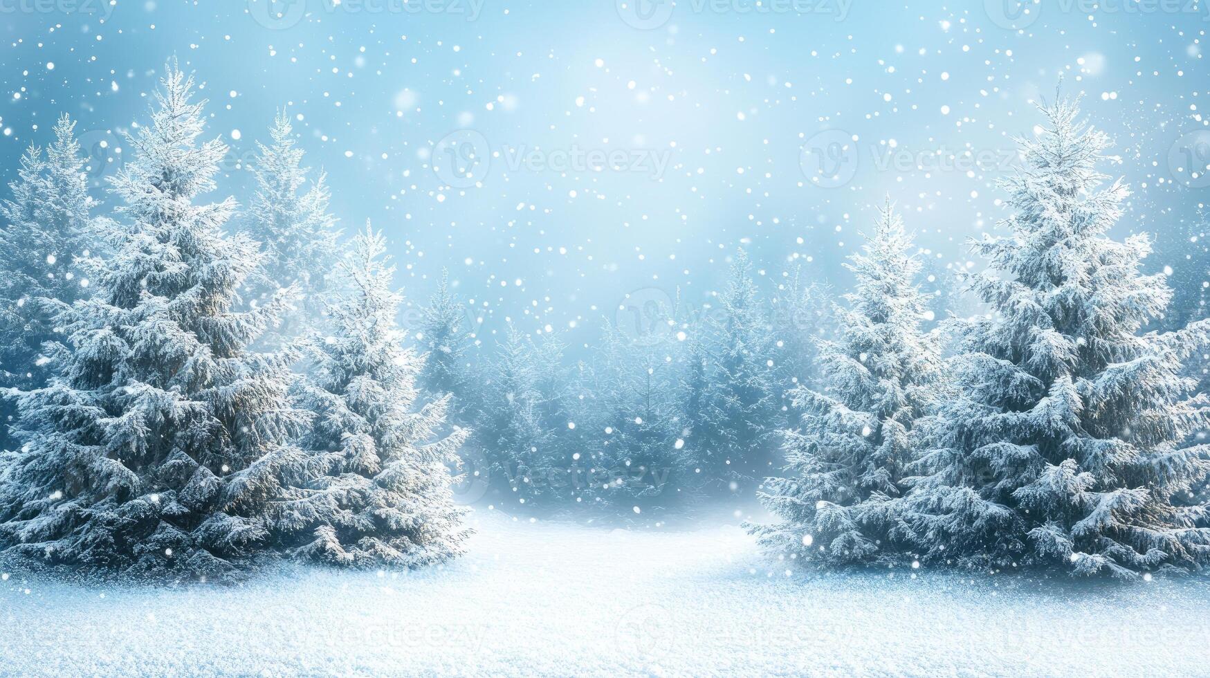 Snow falling on pine trees in a magical winter wonderland forest photo