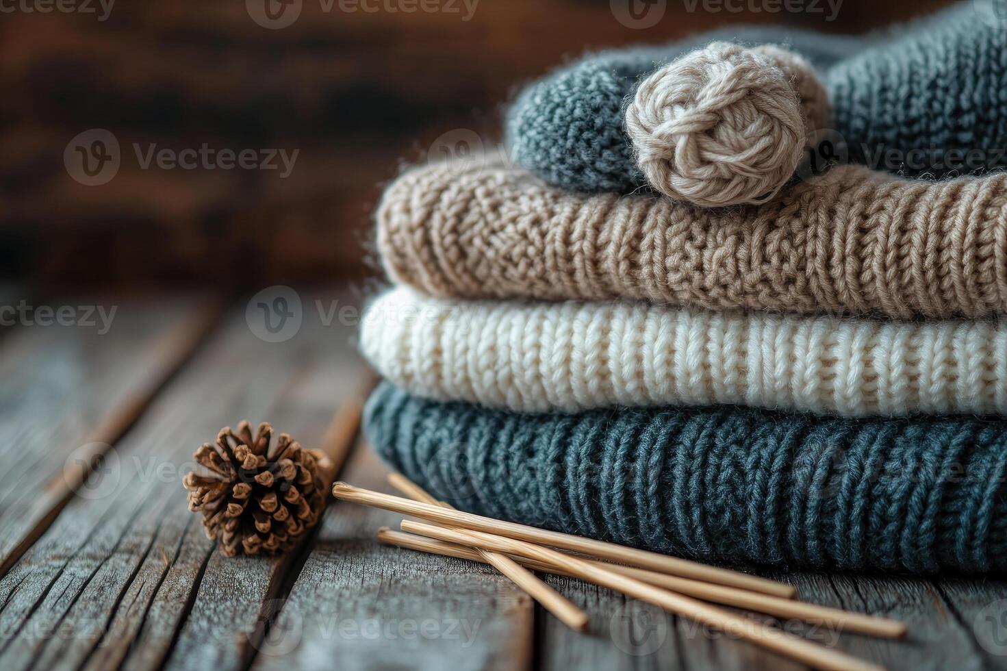 Stack of colorful knitted wool sweaters with knitting needles on wooden table photo