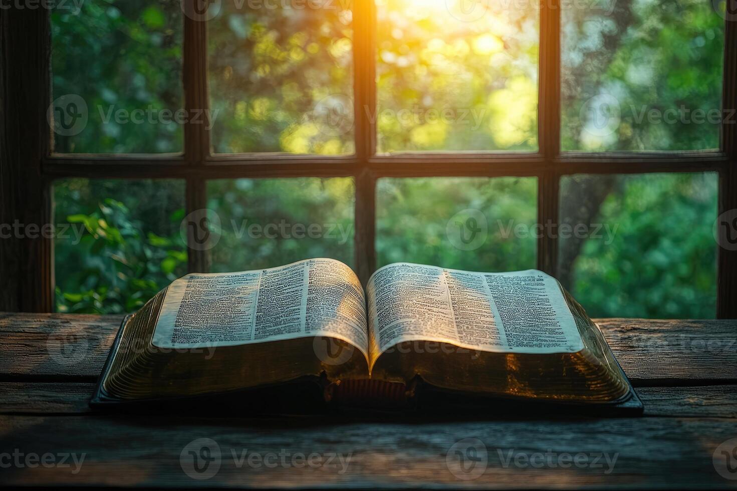 Open holy bible resting on a wooden table in front of window with sunlight shining through greenery photo