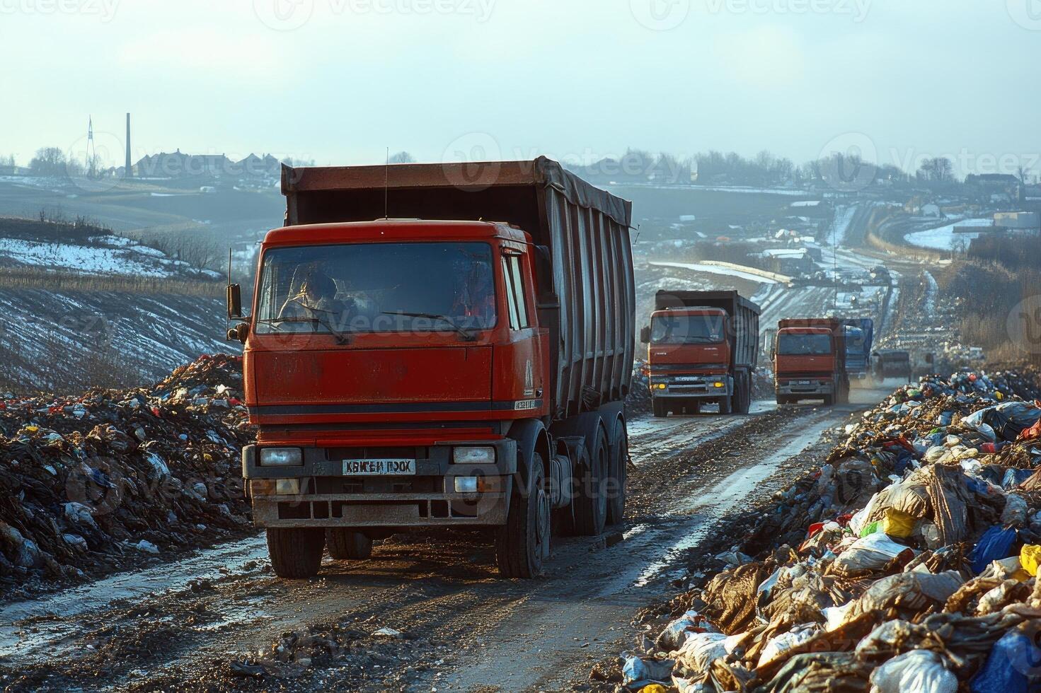 Garbage trucks transporting waste in open landfill site photo