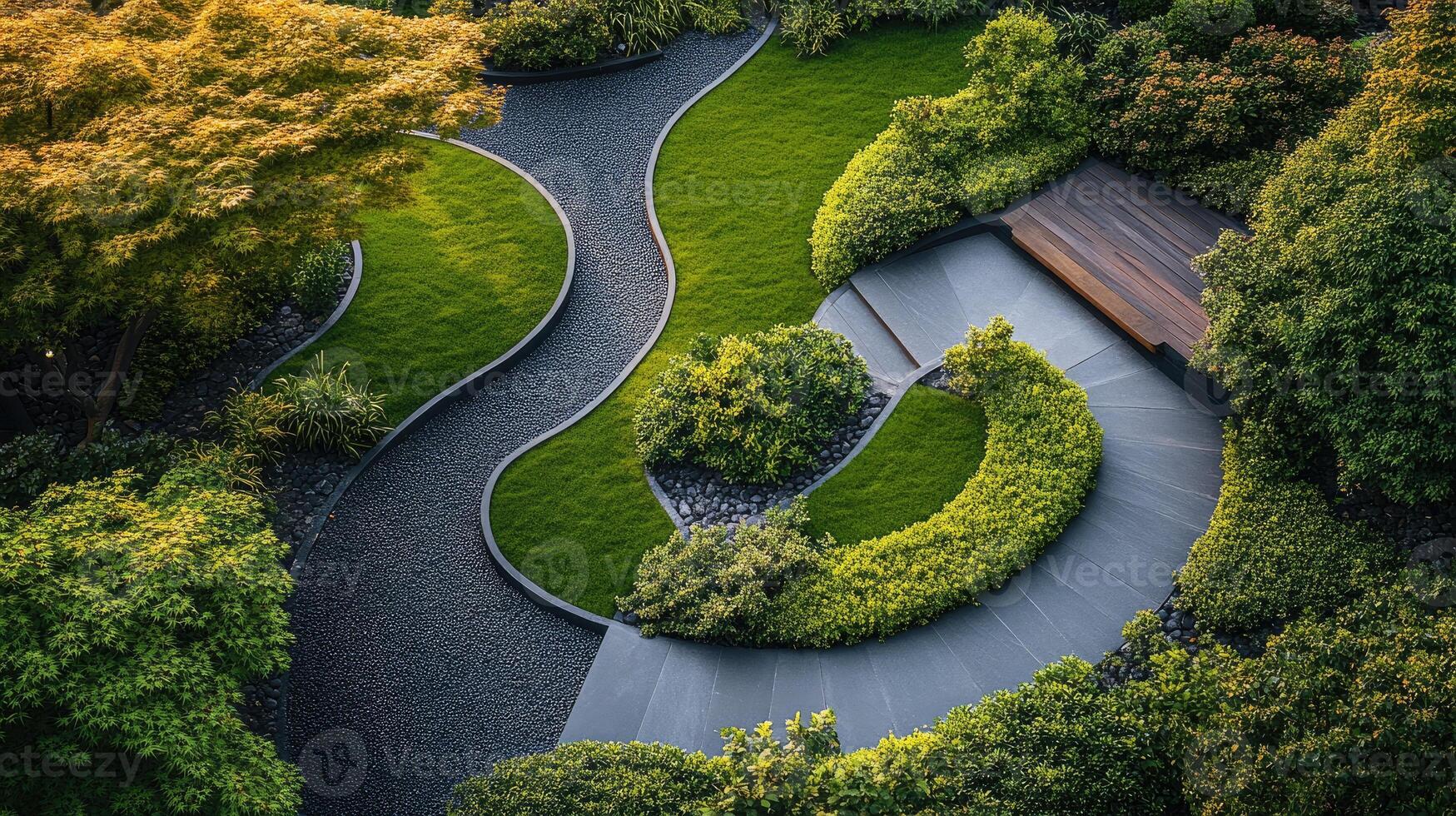 Modern garden design featuring lush greenery and winding pathways photo