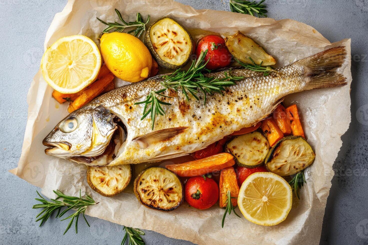 Dorado fish lying on baking paper with vegetables is ready to eat photo
