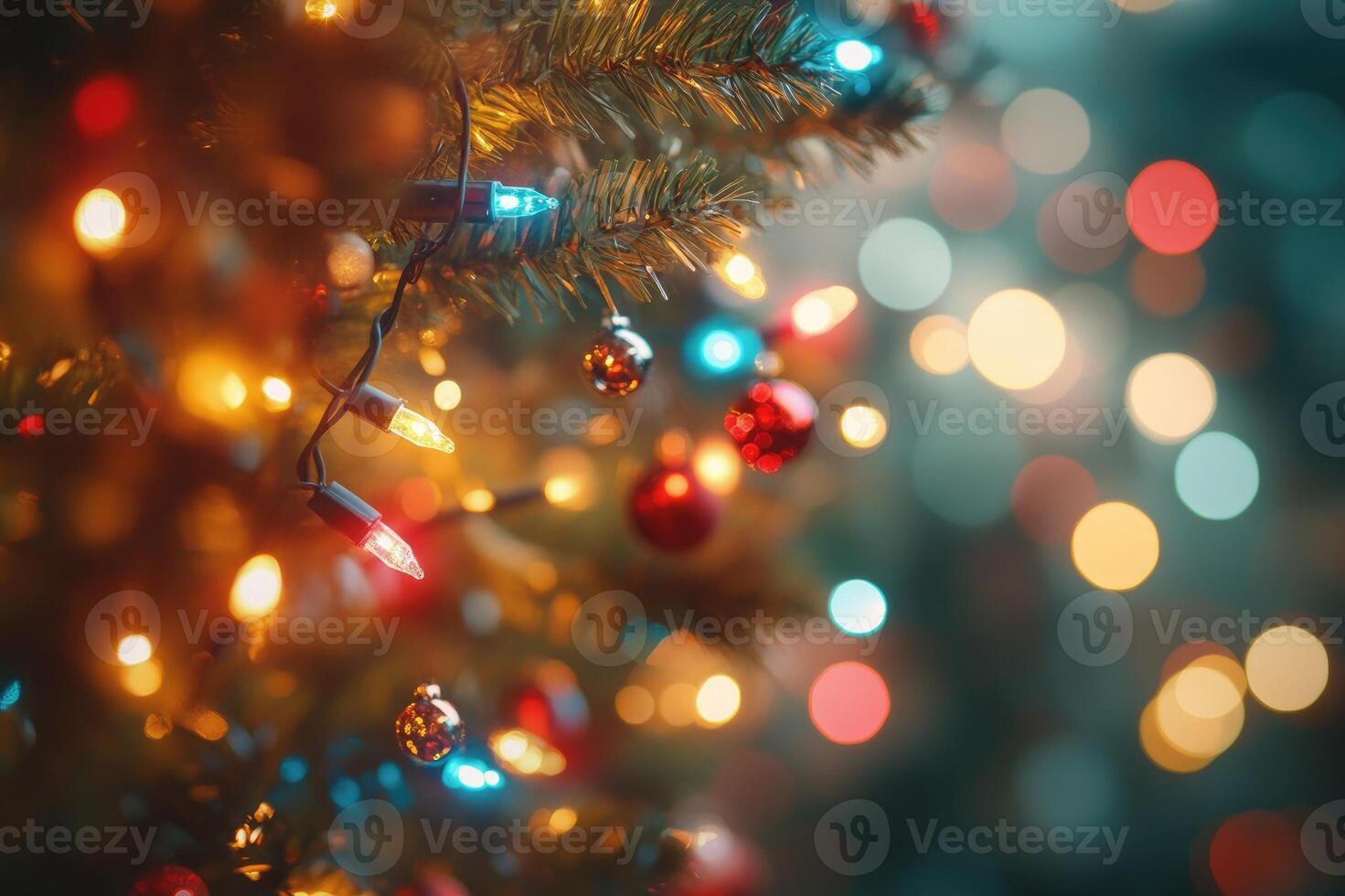 Christmas tree lights creating warm bokeh effect photo