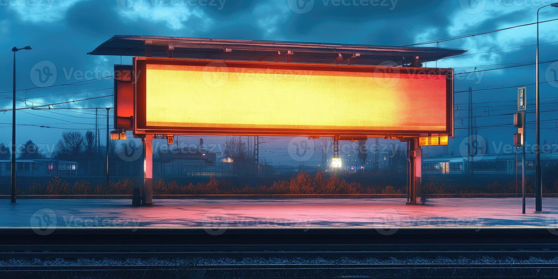 Empty billboard glowing on a deserted train station at night photo