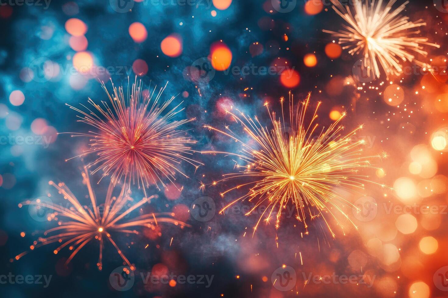 Fireworks exploding in night sky with bokeh lights photo