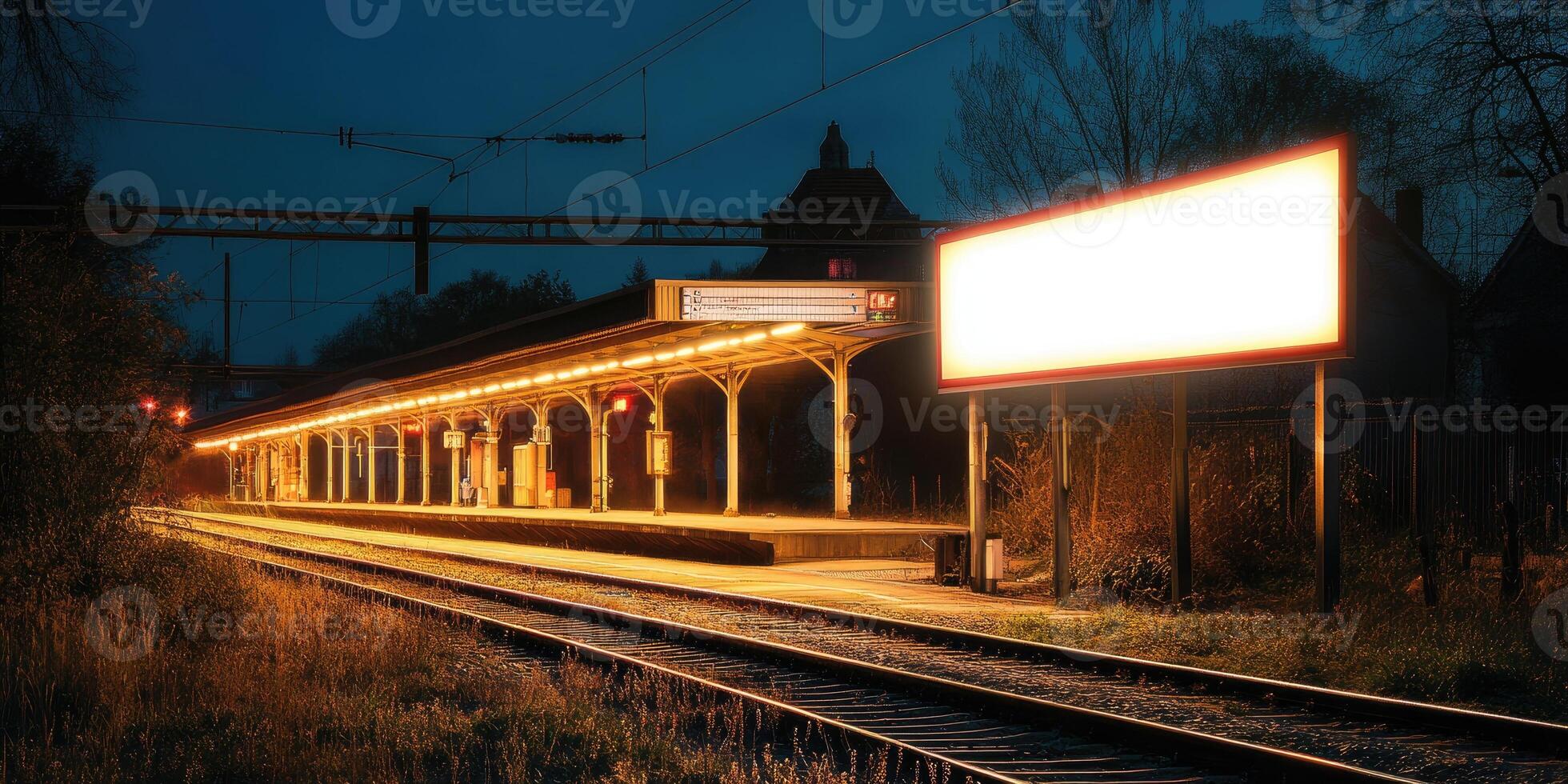 Empty billboard shining at night at suburban train station photo