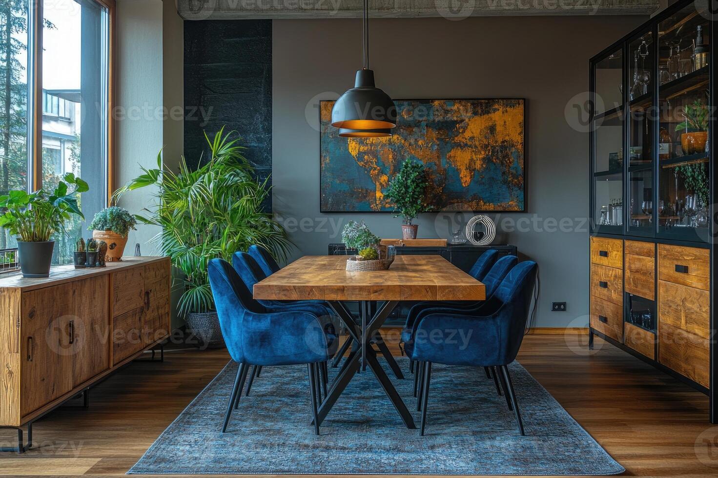 Modern open plan dining room with wooden table and blue chairs photo