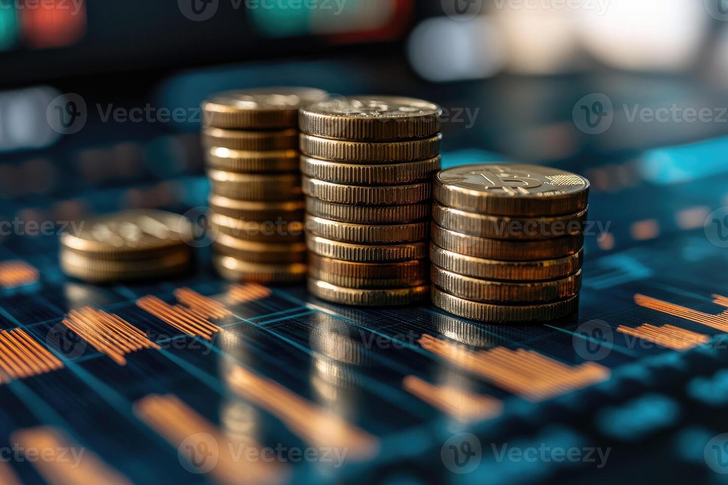 Stacks of coins sitting on a graph displaying market data photo