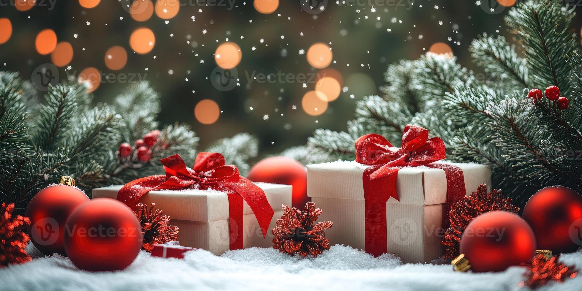 Christmas gifts lying under christmas tree with fairy lights snowing in background photo
