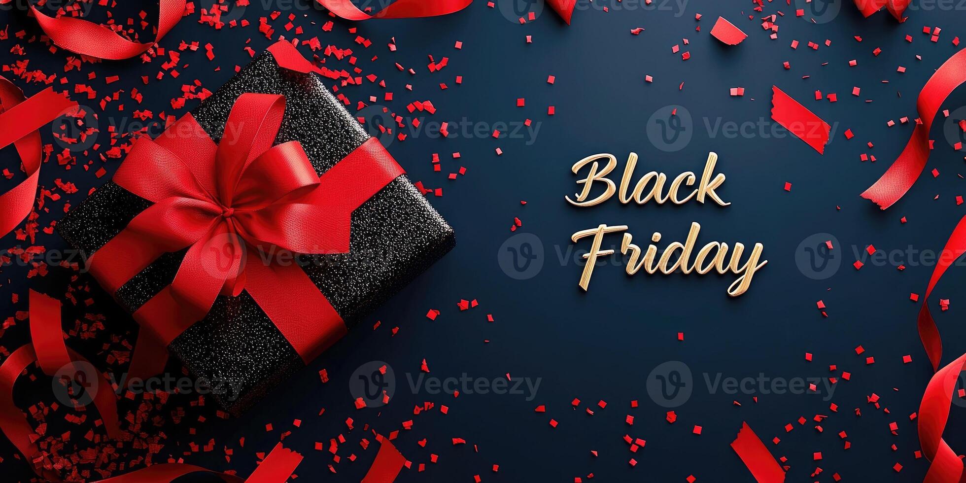 Black gift box with red ribbon surrounded by confetti on a black friday background photo
