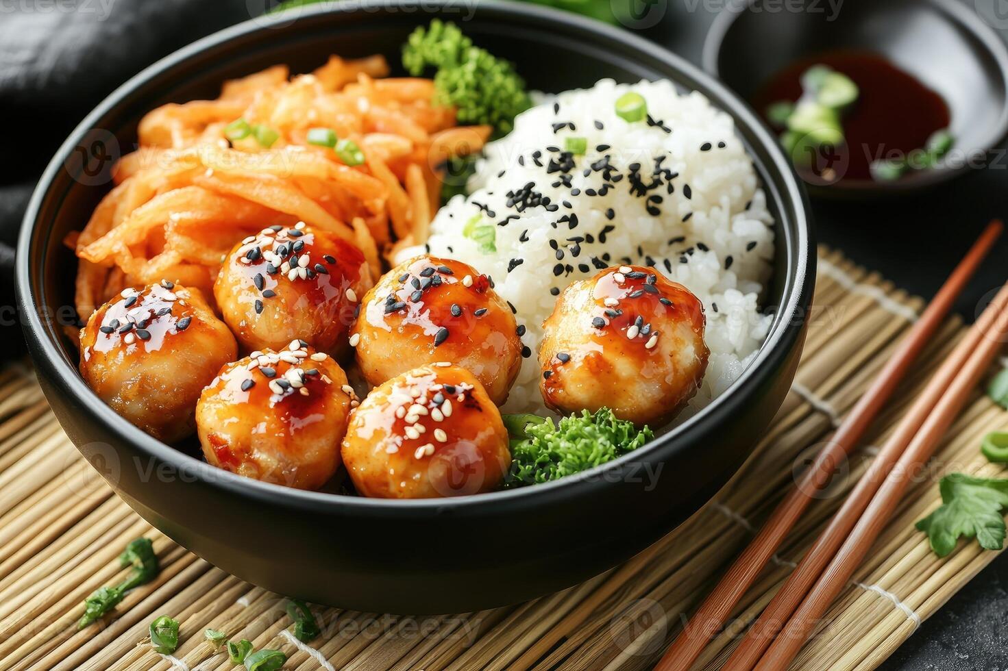 Delicious teriyaki chicken meatballs with rice and kimchi in a bowl photo