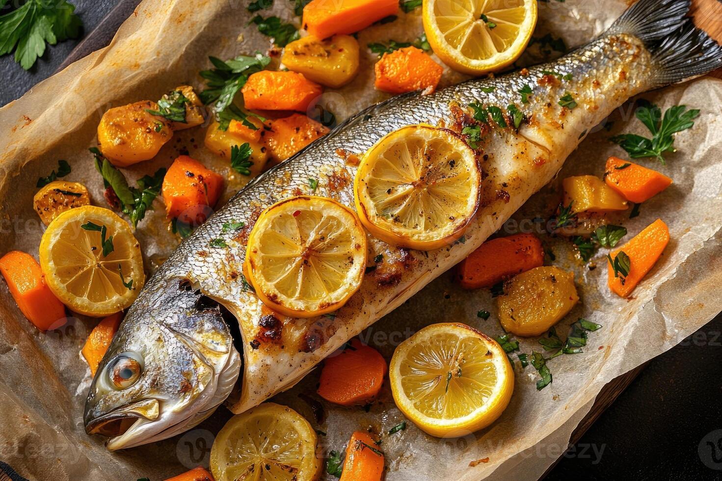 Dorado fish lying on baking paper with vegetables is ready to eat photo