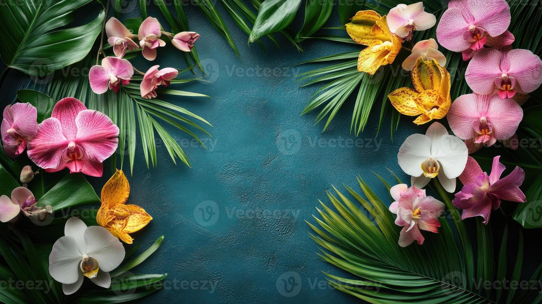 Tropical orchid flowers and palm leaves creating a colorful border on blue background photo