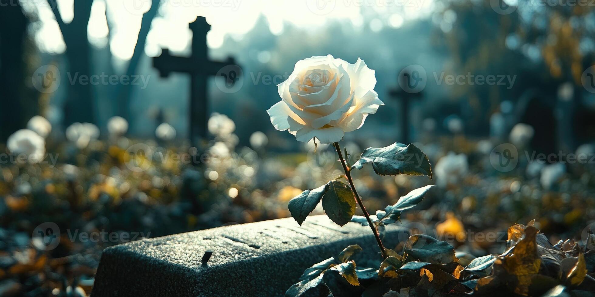 White rose blooming in cemetery representing hope and remembrance photo