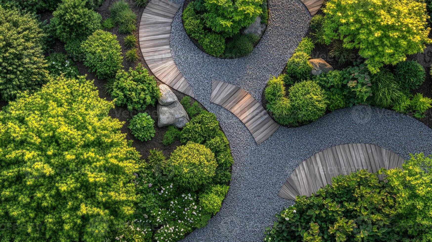 Wooden garden path winding through lush green bushes and gravel in backyard garden design photo