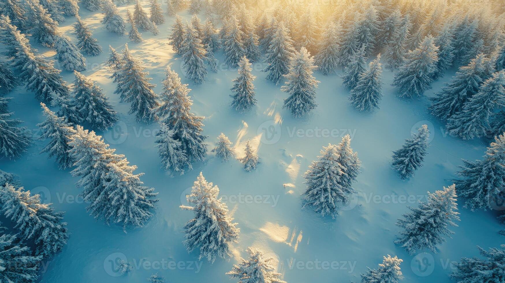 Aerial view of winter forest covered in snow during golden hour photo
