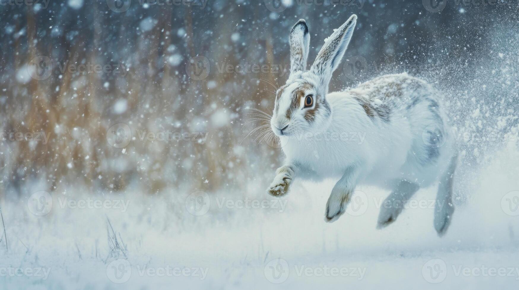 A White Rabbit Leaping Through Snowfall photo