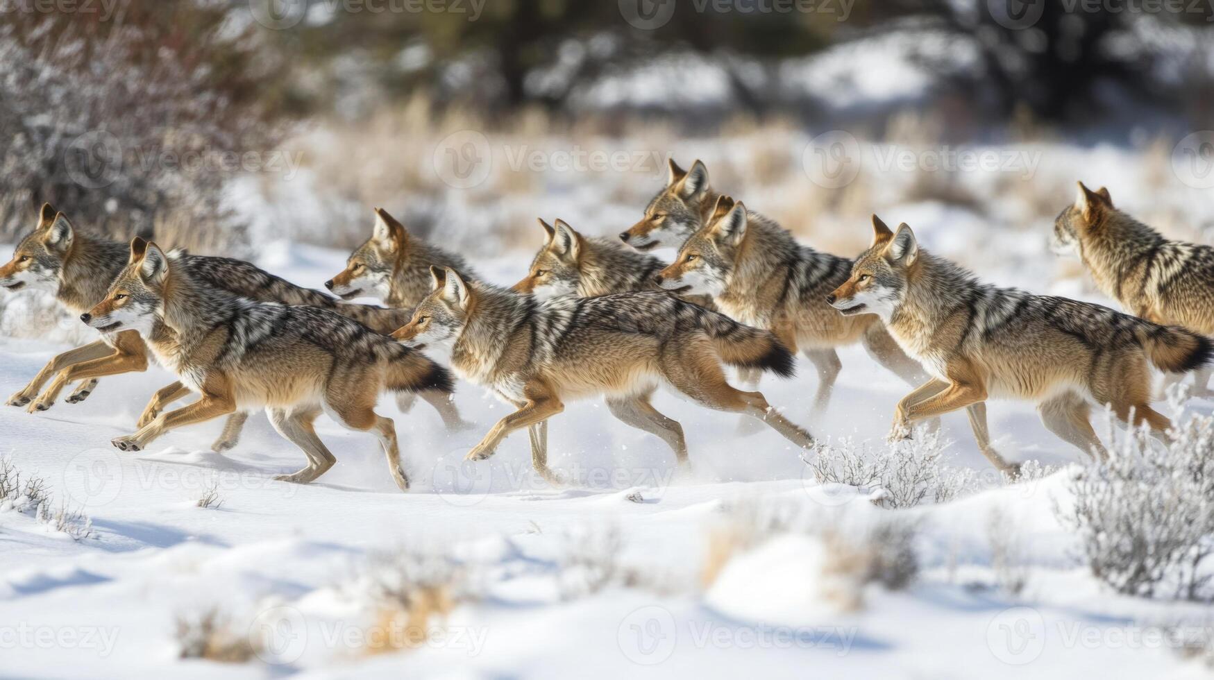 A Pack of Coyotes Running Through a Snowy Landscape photo