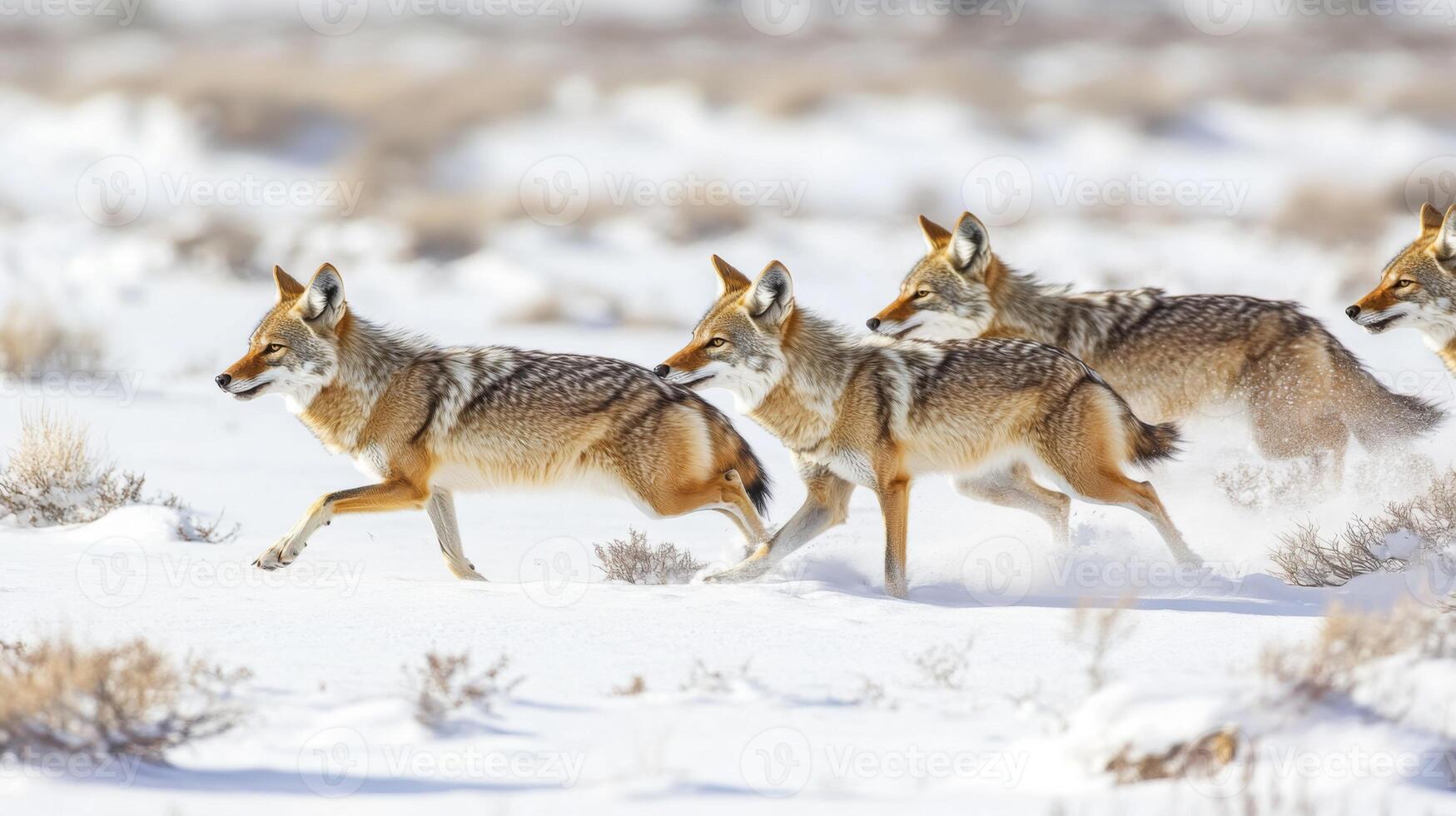 A Pack of Coyotes Running Through a Snowy Landscape photo