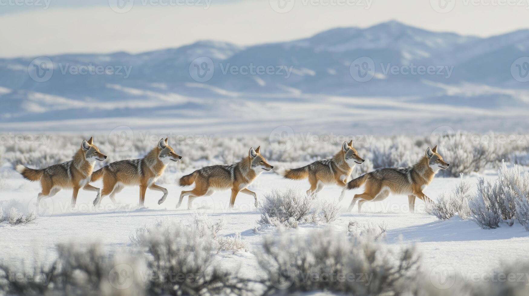 A Pack of Coyotes Running Through a Snowy Landscape photo
