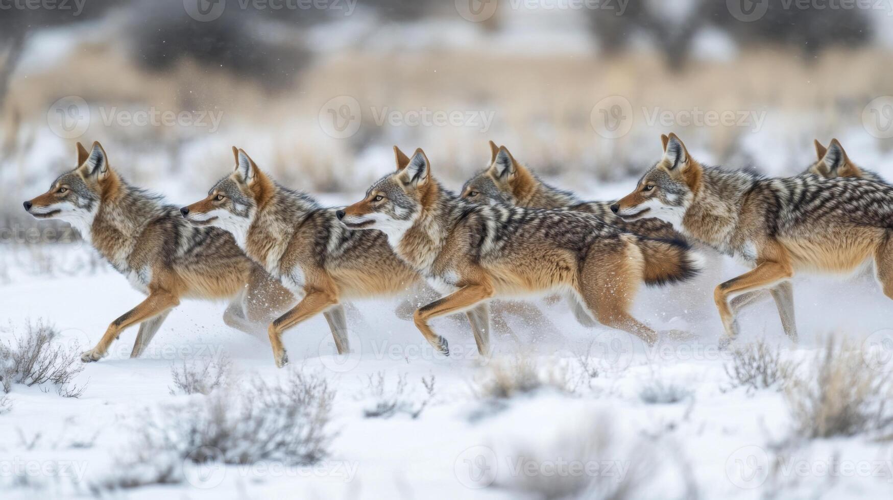 Pack of Coyotes Running Through Snowy Landscape photo
