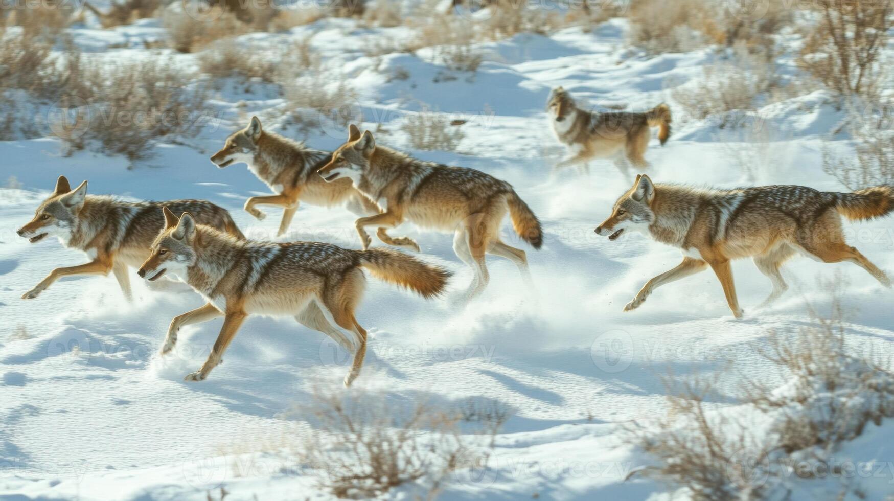 Pack of Coyotes Running in Winter Snow photo