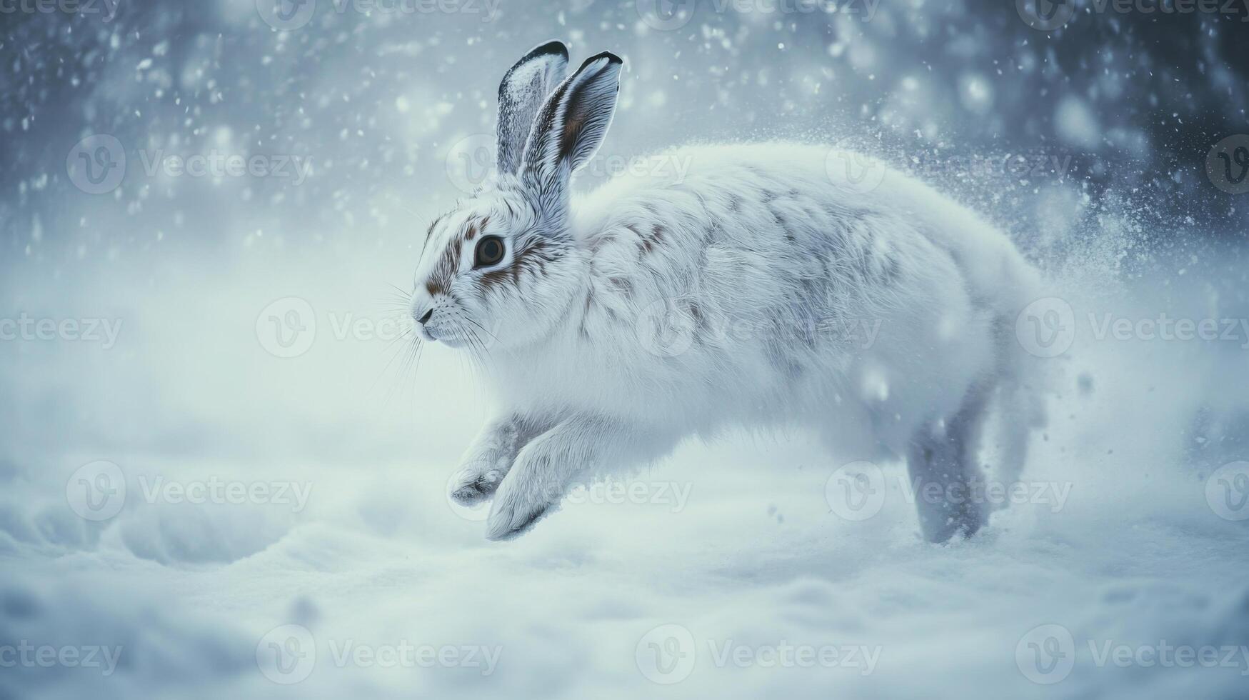 A White Rabbit Leaps Through a Snowstorm photo