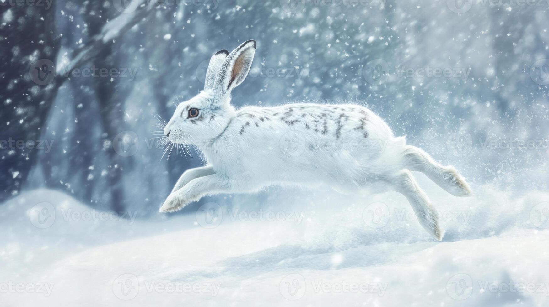 A White Rabbit Leaping Through a Snowy Forest photo