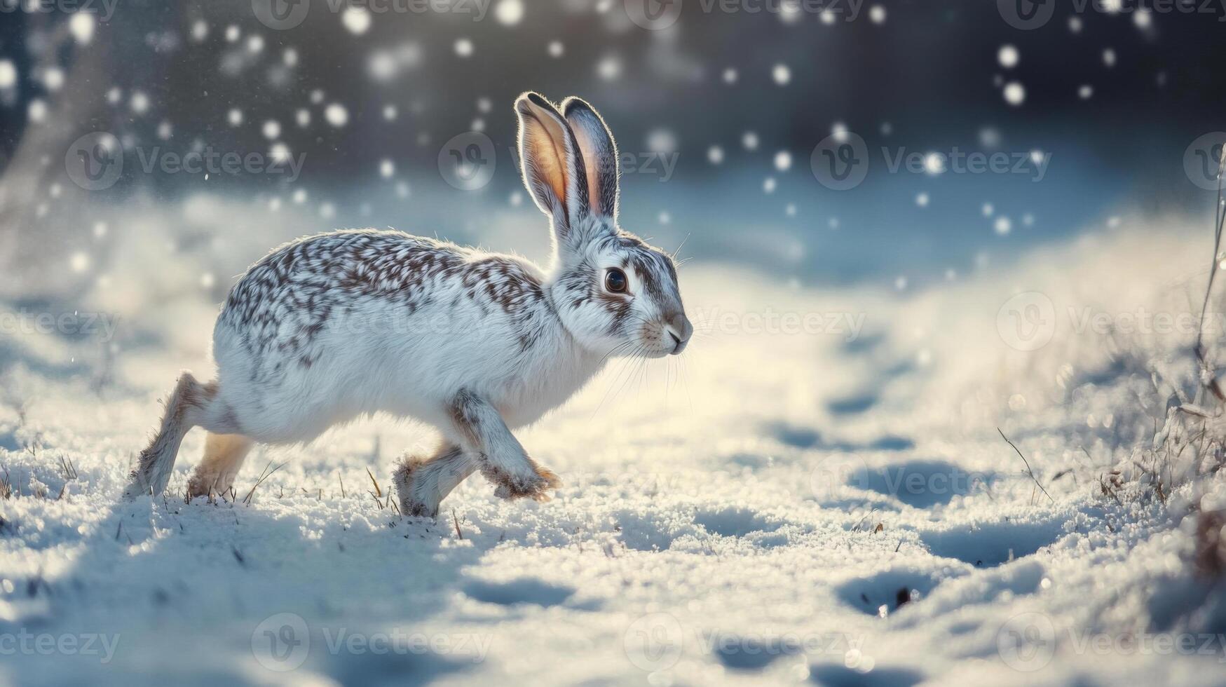 White-tailed jackrabbit running through snowy field photo