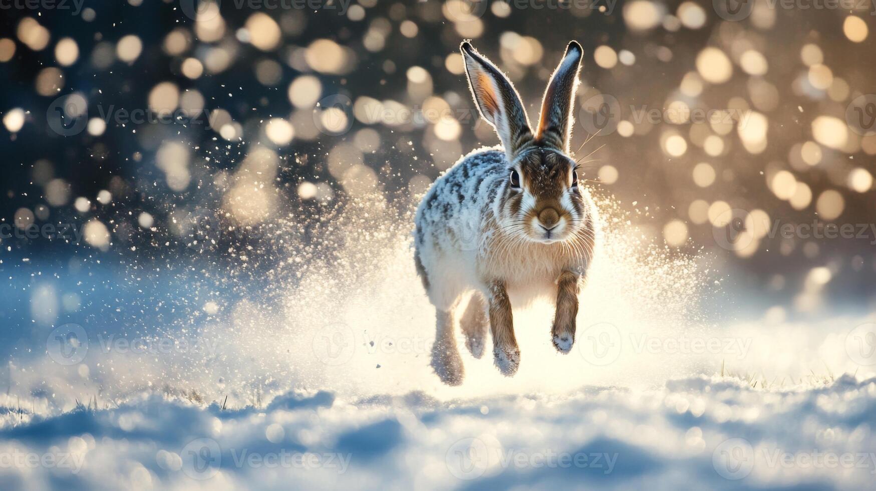 A White-Tailed Hare Runs Through Sparkling Snow in a Sunny Winter Landscape photo