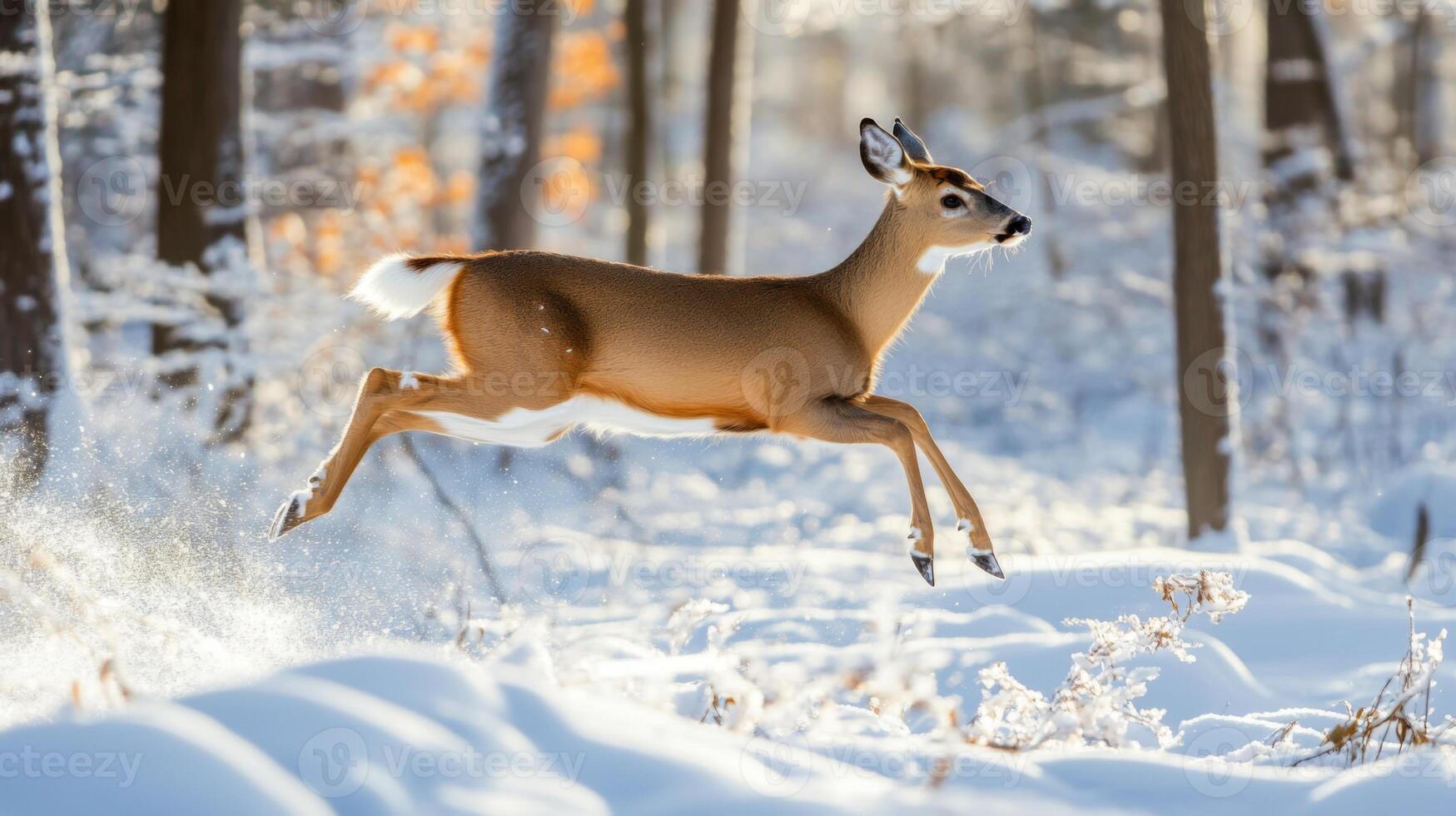 A White-Tailed Deer Leaping Through a Snowy Forest photo