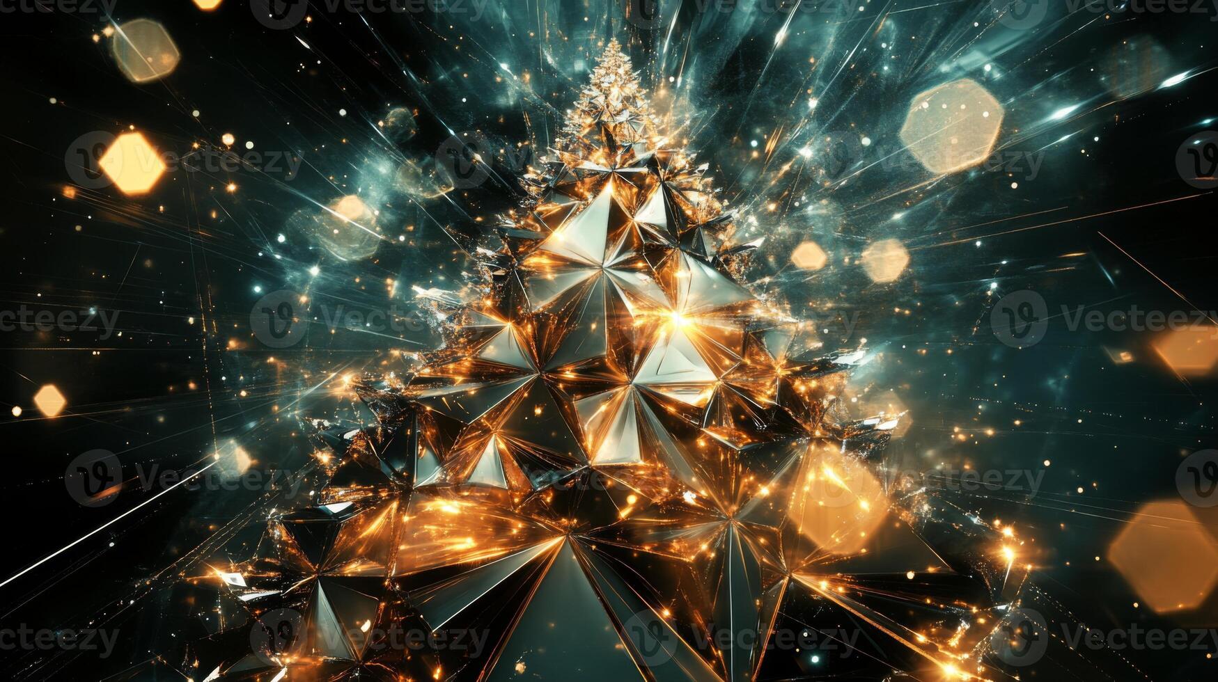 Abstract Golden Geometric Christmas Tree with Lights and Bokeh photo