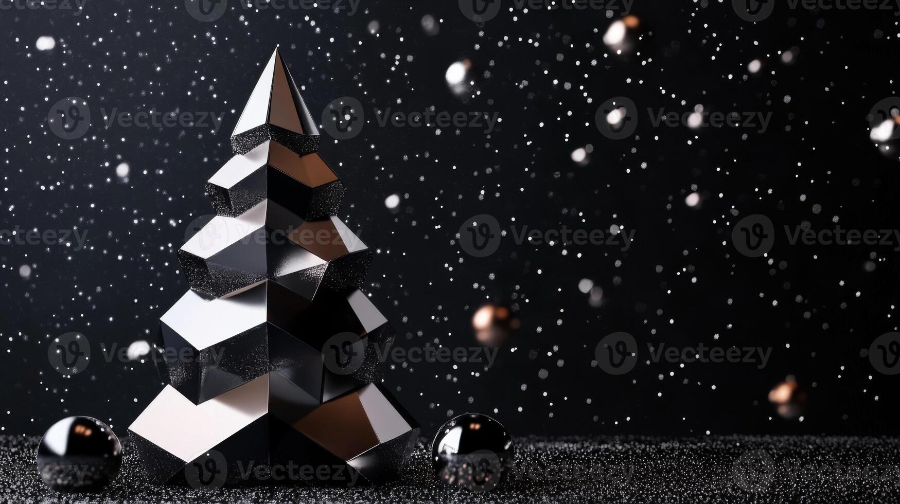 Geometric Black Christmas Tree with Ornaments and Falling Snow photo