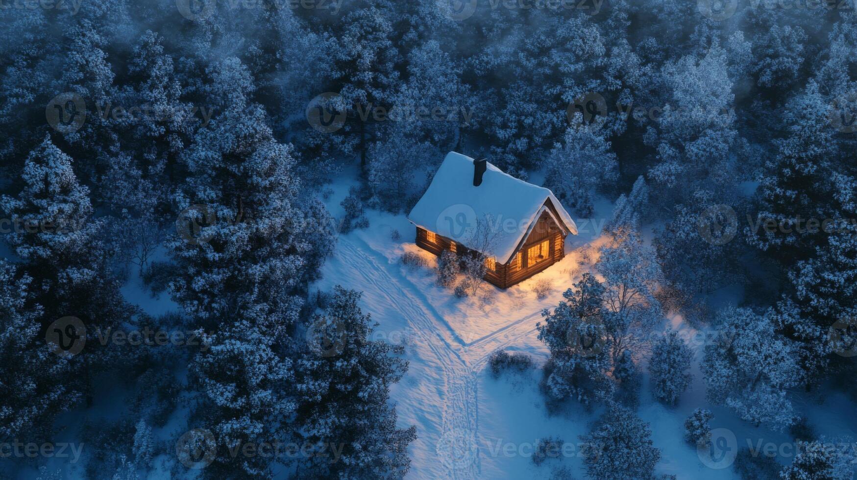Illuminated Cabin Nestled in a Snowy Forest photo