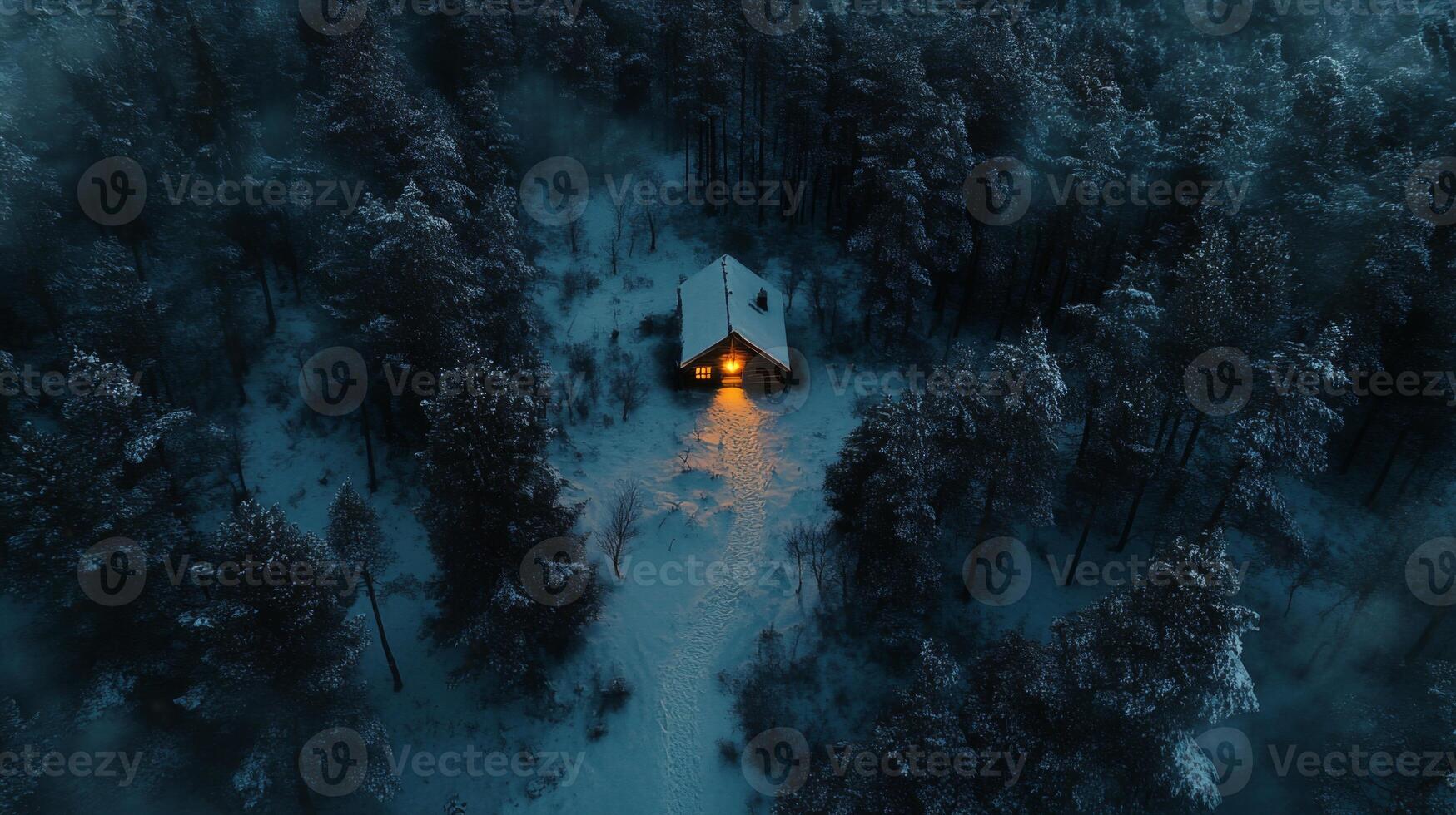 Aerial View of a Cabin with a Light on in a Snowy Forest photo