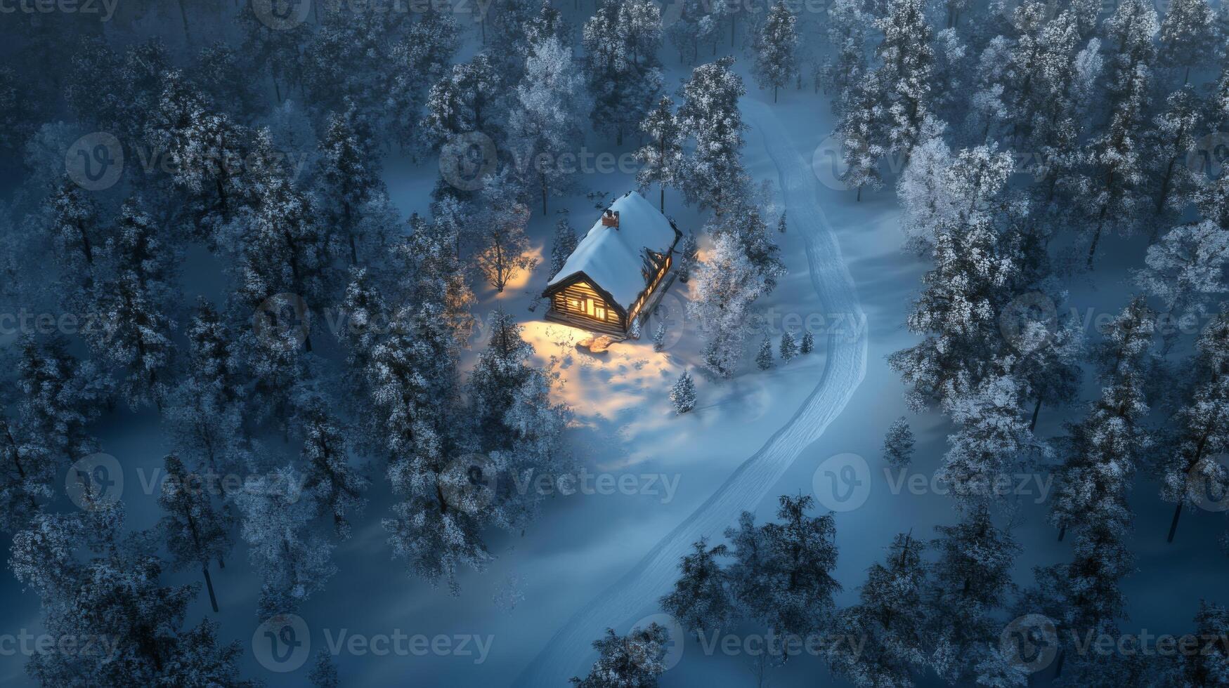 Illuminated Cabin in a Snowy Forest at Night photo