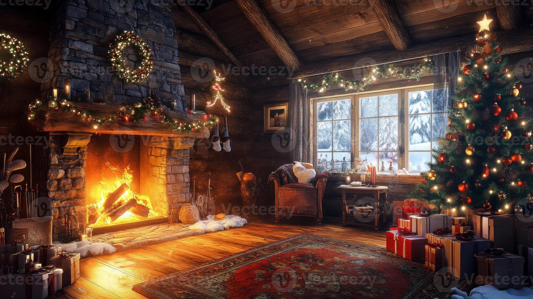 Cozy Christmas Cabin Interior with Fireplace, Decorated Tree, and Presents photo